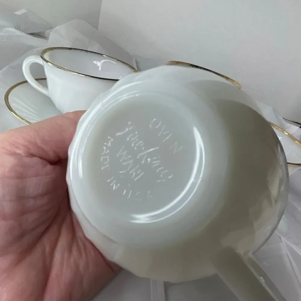 Lot of 4 1950’s Fire king cups and saucers milk glass gold trim